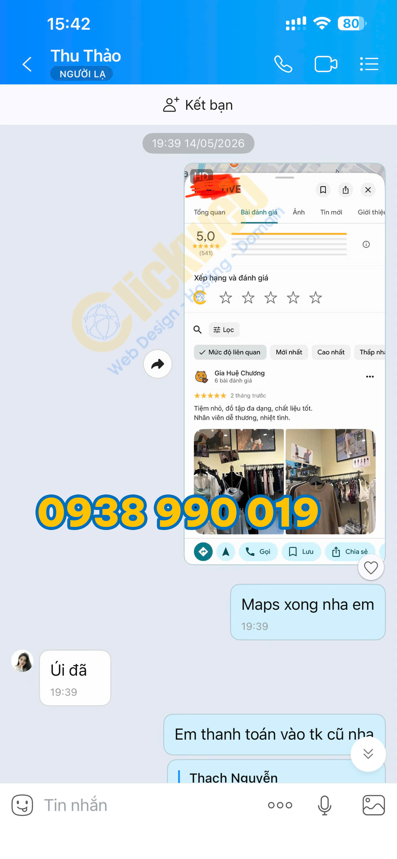 khách hàng phản hồi sau khi Clickweb hỗ trợ Google Maps