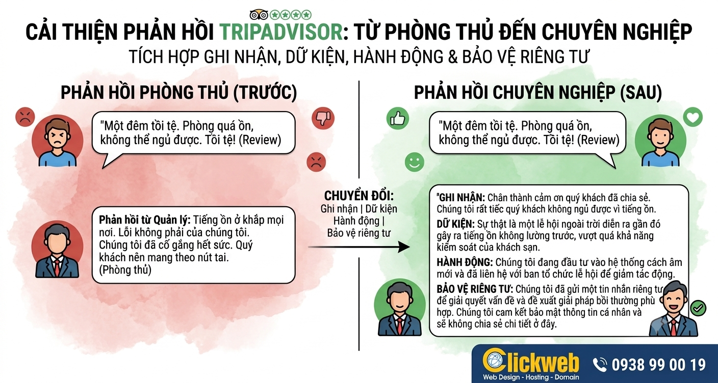 Ví dụ chỉnh sửa phản hồi Tripadvisor trước và sau