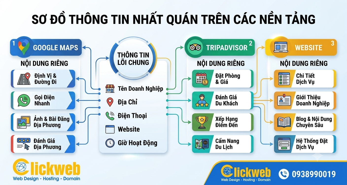 Thông tin thương hiệu nhất quán trên Tripadvisor Google Maps và website