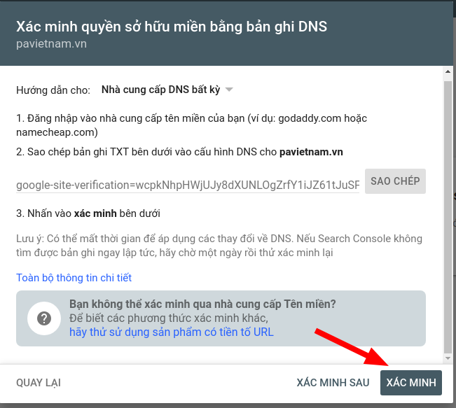 Xác minh tên miền với Google Search Console