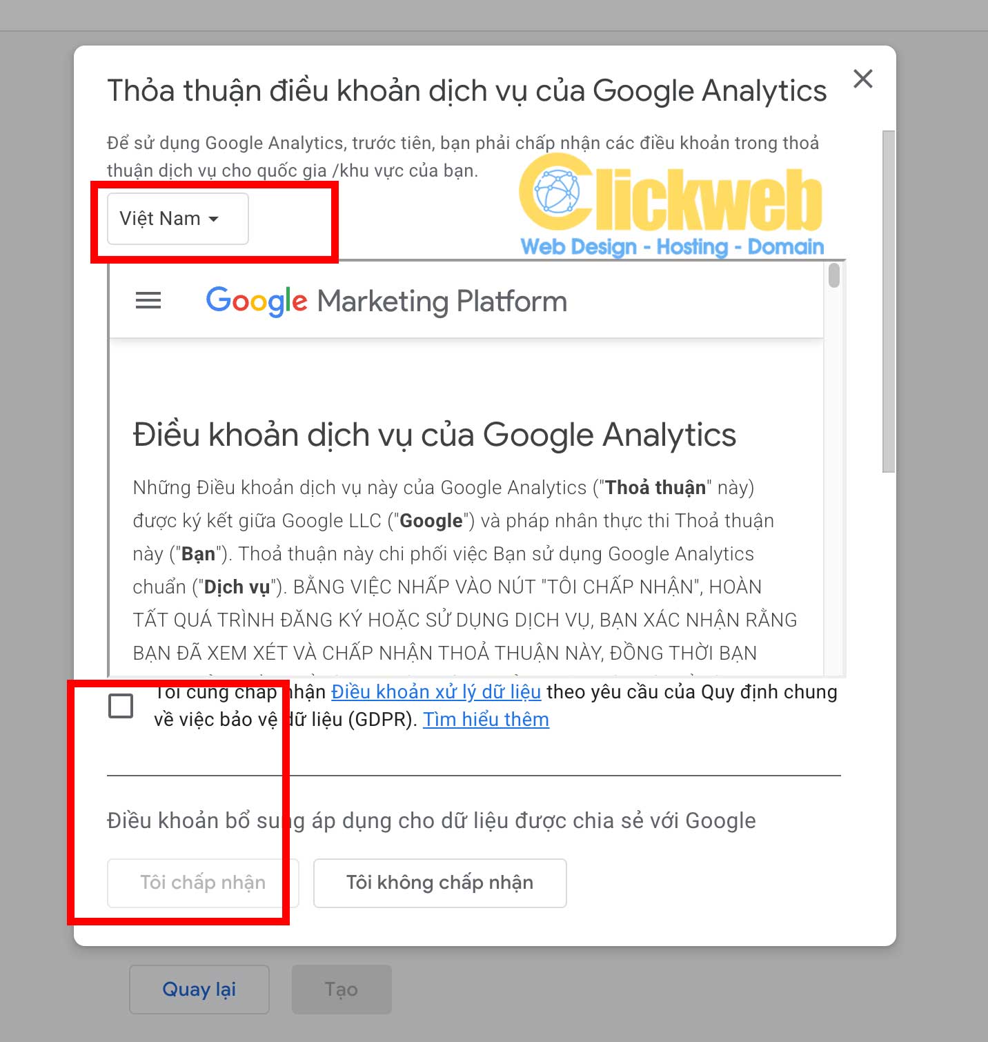 Chấp nhận điều khoản Google Analytics