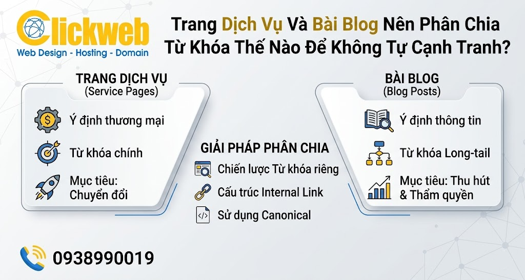 Trang dịch vụ và bài blog nên phân chia từ khóa rõ để không tự cạnh tranh