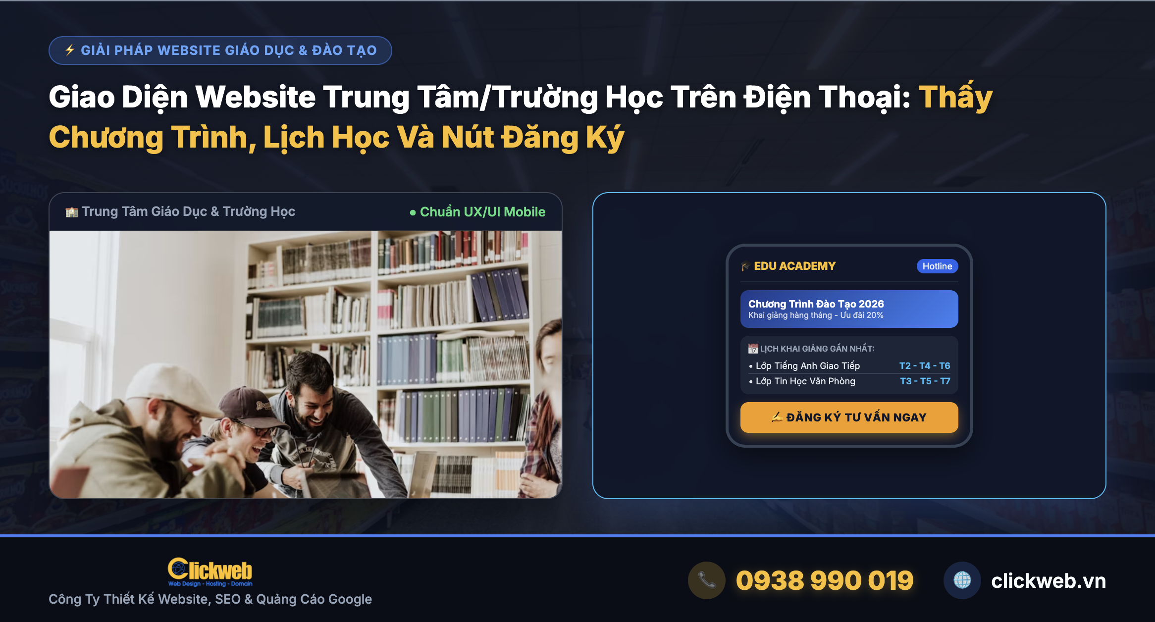 Giao diện website giáo dục trên điện thoại, có chương trình học, lịch khai giảng và nút đăng ký tư vấn