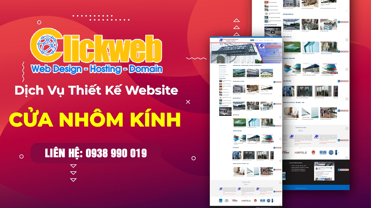 Giao diện website cửa nhôm kính với danh mục sản phẩm và công trình