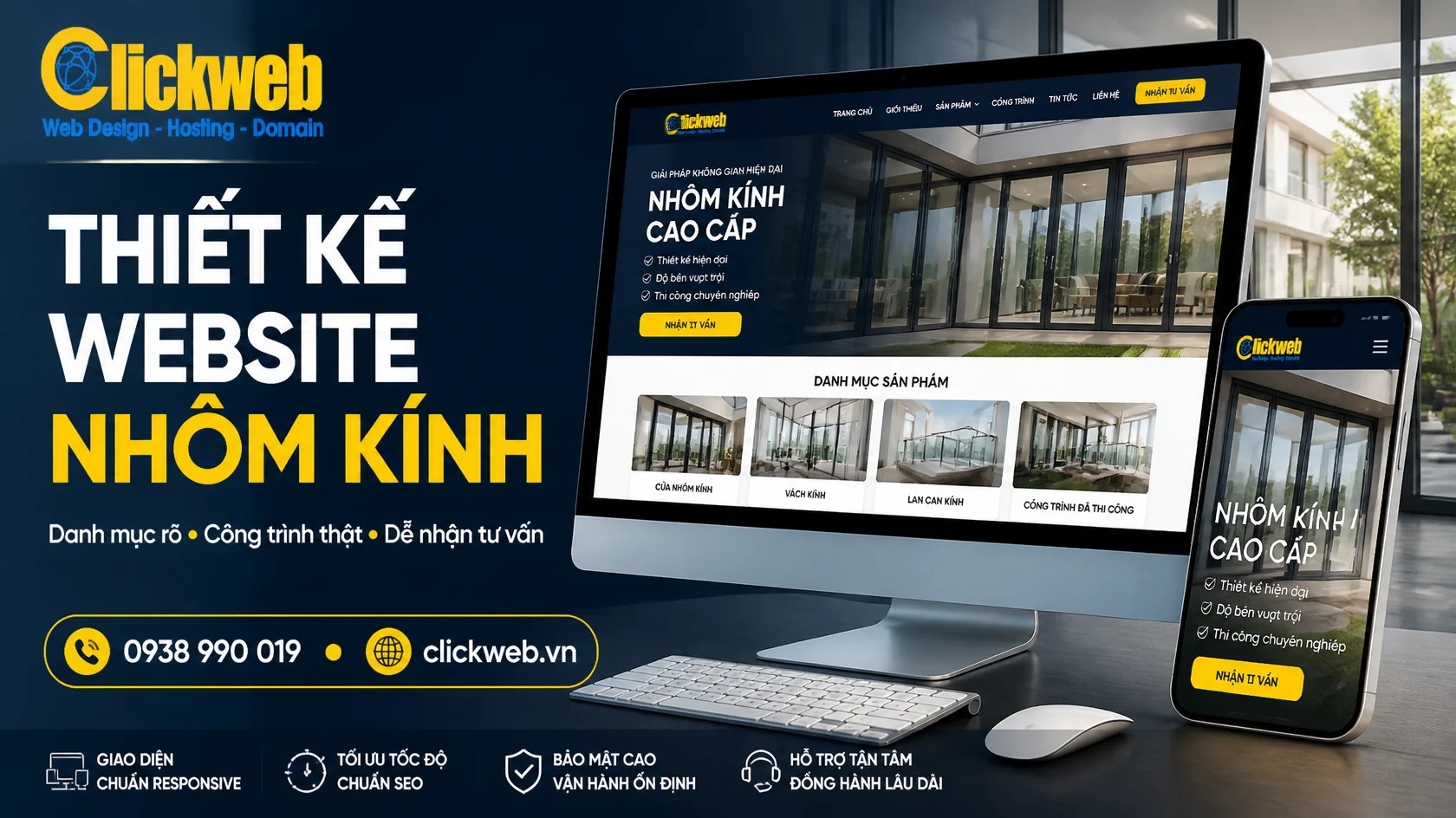 Giao diện website nhôm kính trên máy tính và điện thoại