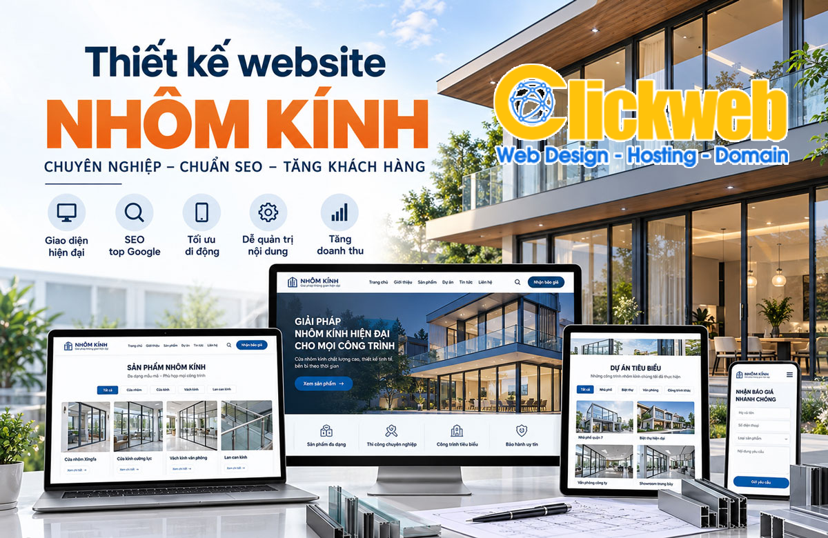 Giao diện minh họa website nhôm kính với danh mục, công trình và biểu mẫu báo giá