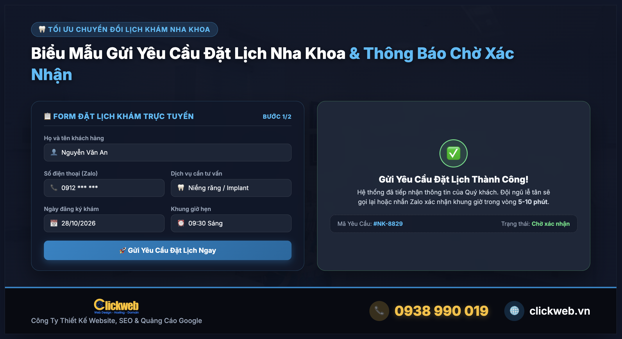 Biểu mẫu gửi yêu cầu đặt lịch nha khoa và thông báo chờ xác nhận