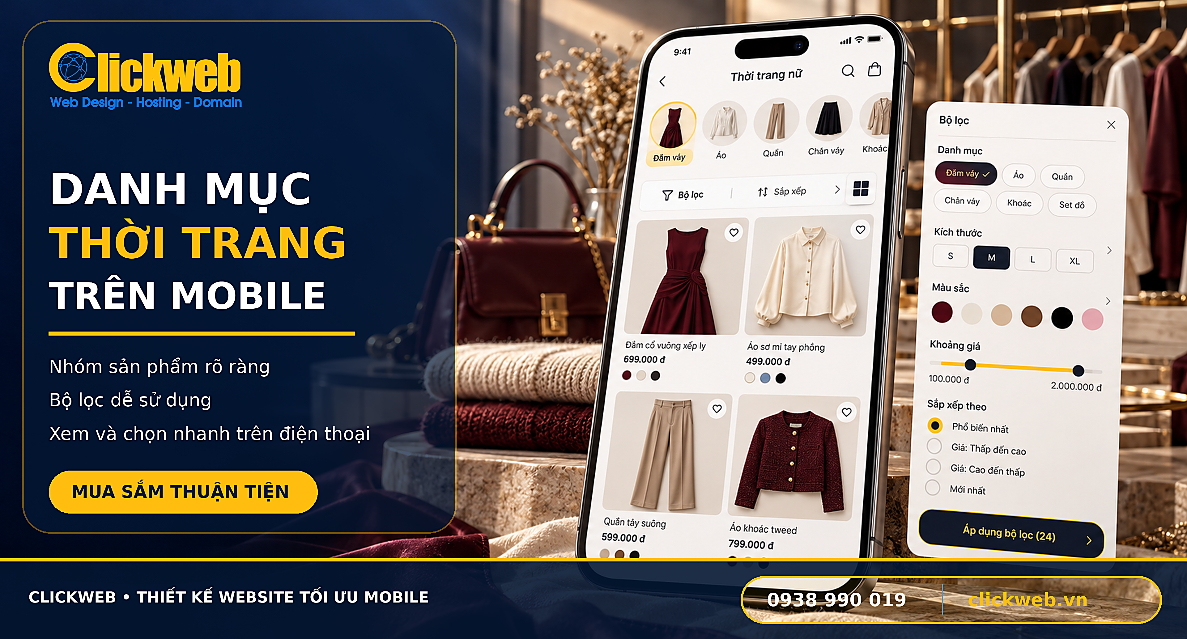 Danh mục sản phẩm trên website thời trang hiển thị ở điện thoại