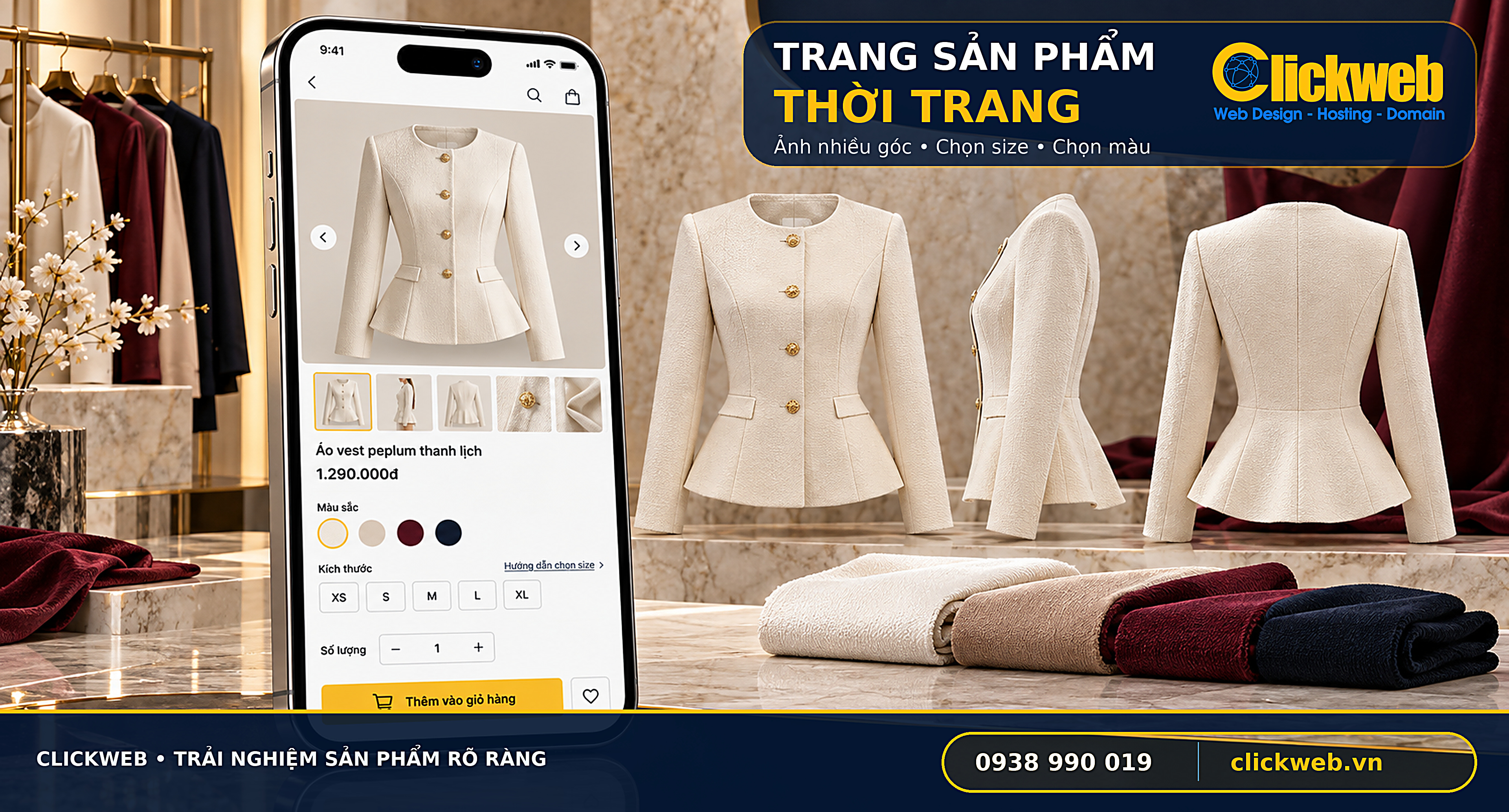 Trang sản phẩm quần áo với ảnh, bảng size và lựa chọn màu