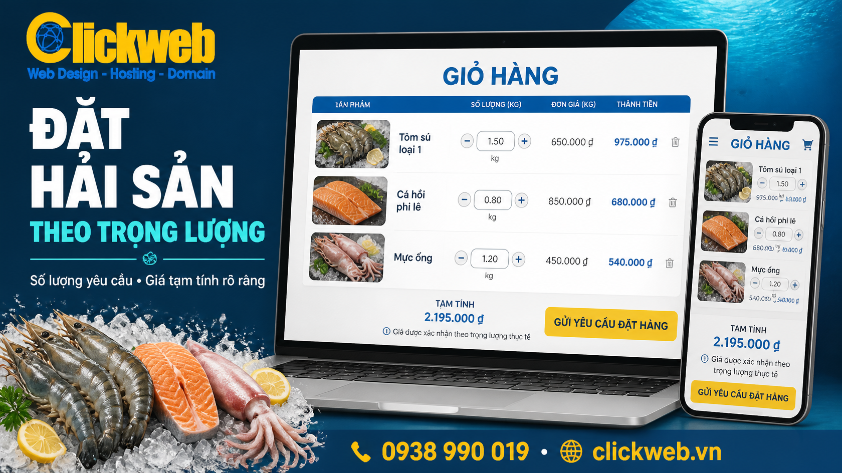 đặt hải sản theo trọng lượng với giá tạm tính rõ ràng