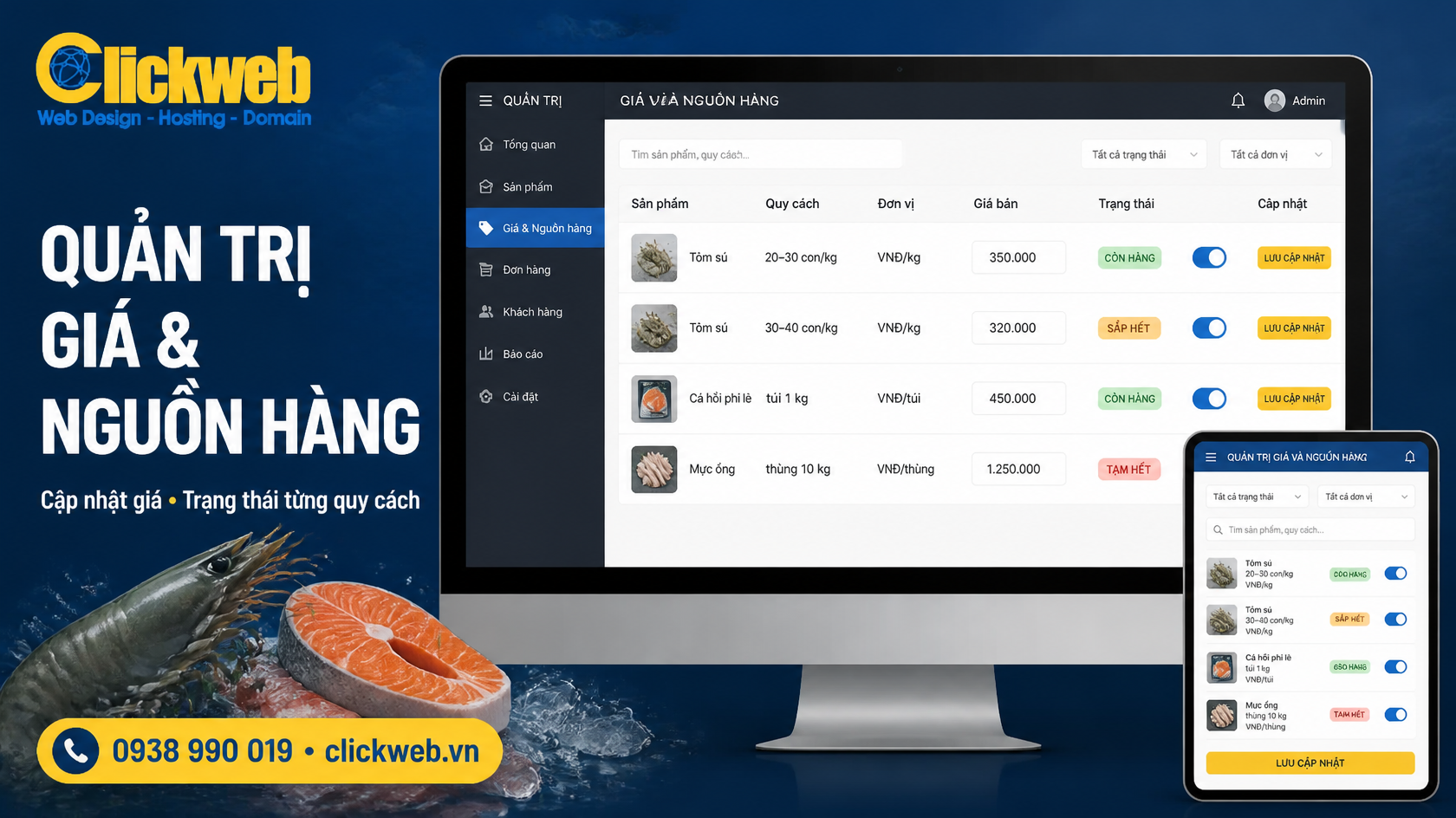 giao diện quản trị giá và tình trạng cung ứng thủy sản