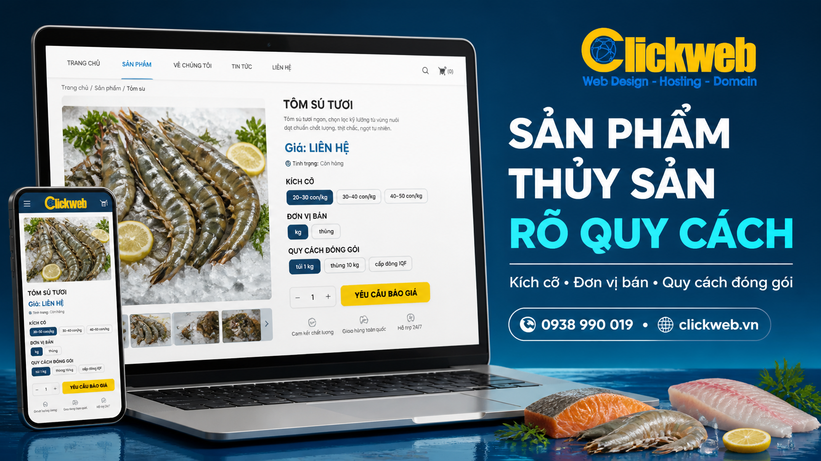 Trang sản phẩm thủy sản với kích cỡ, đơn vị bán và quy cách đóng gói