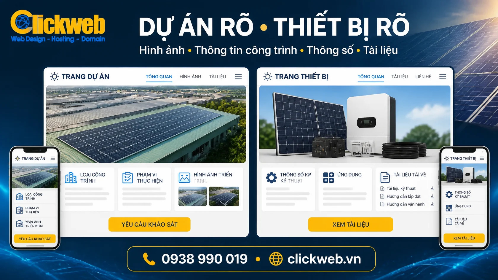trang dự án và trang thiết bị trên website điện mặt trời