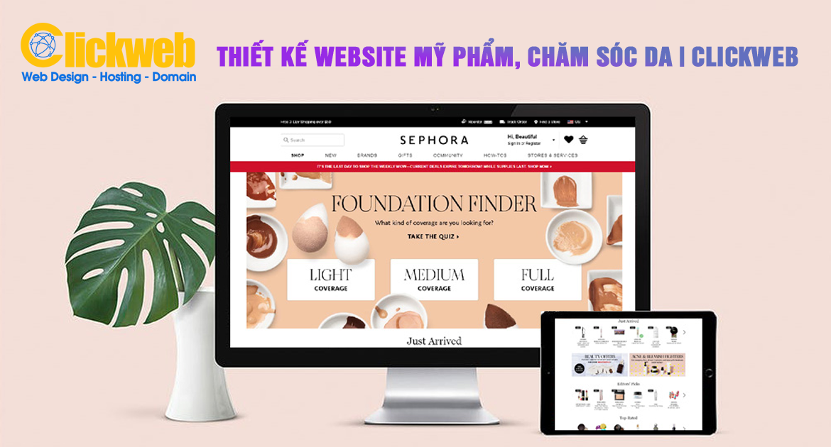 Giao diện website mỹ phẩm với danh mục sản phẩm trên máy tính và điện thoại