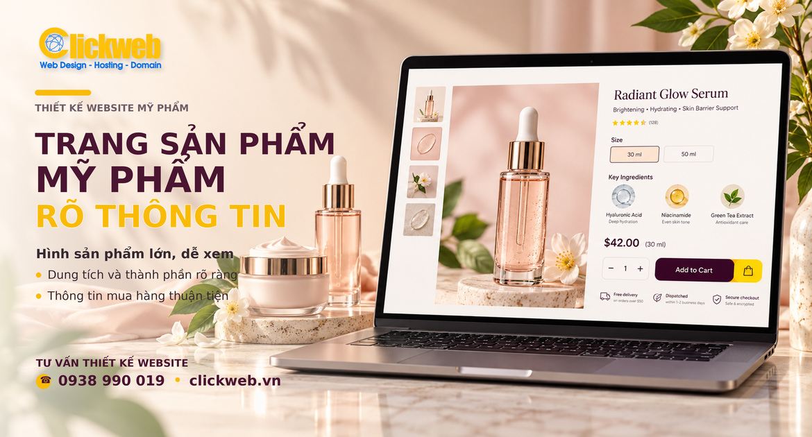Trang sản phẩm mỹ phẩm có hình ảnh, dung tích, thành phần và thông tin mua hàng