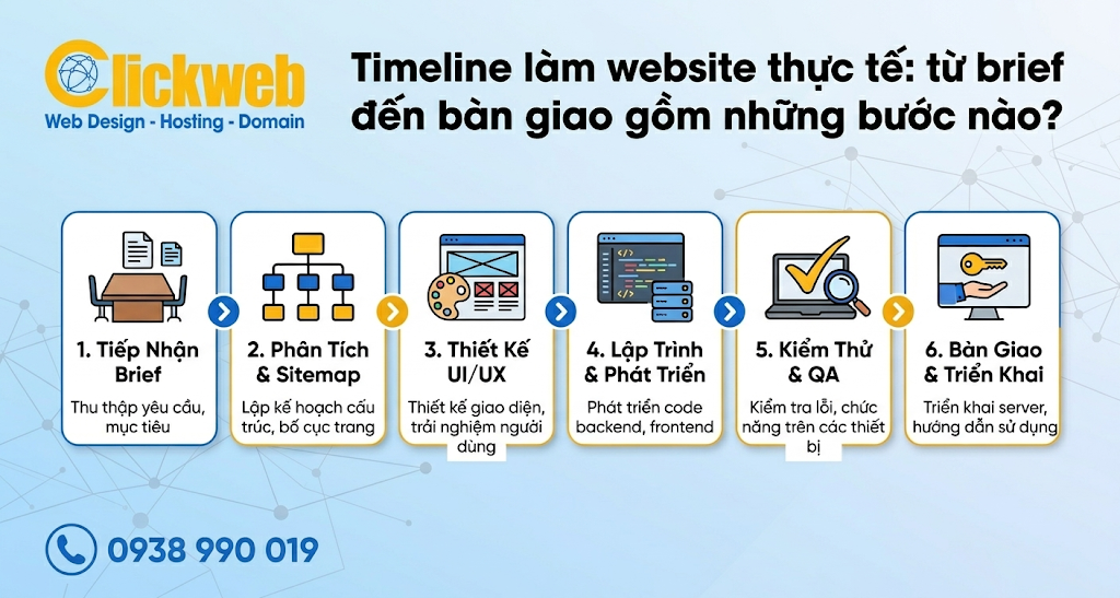 Timeline làm website thực tế: từ brief đến bàn giao gồm những bước nào?