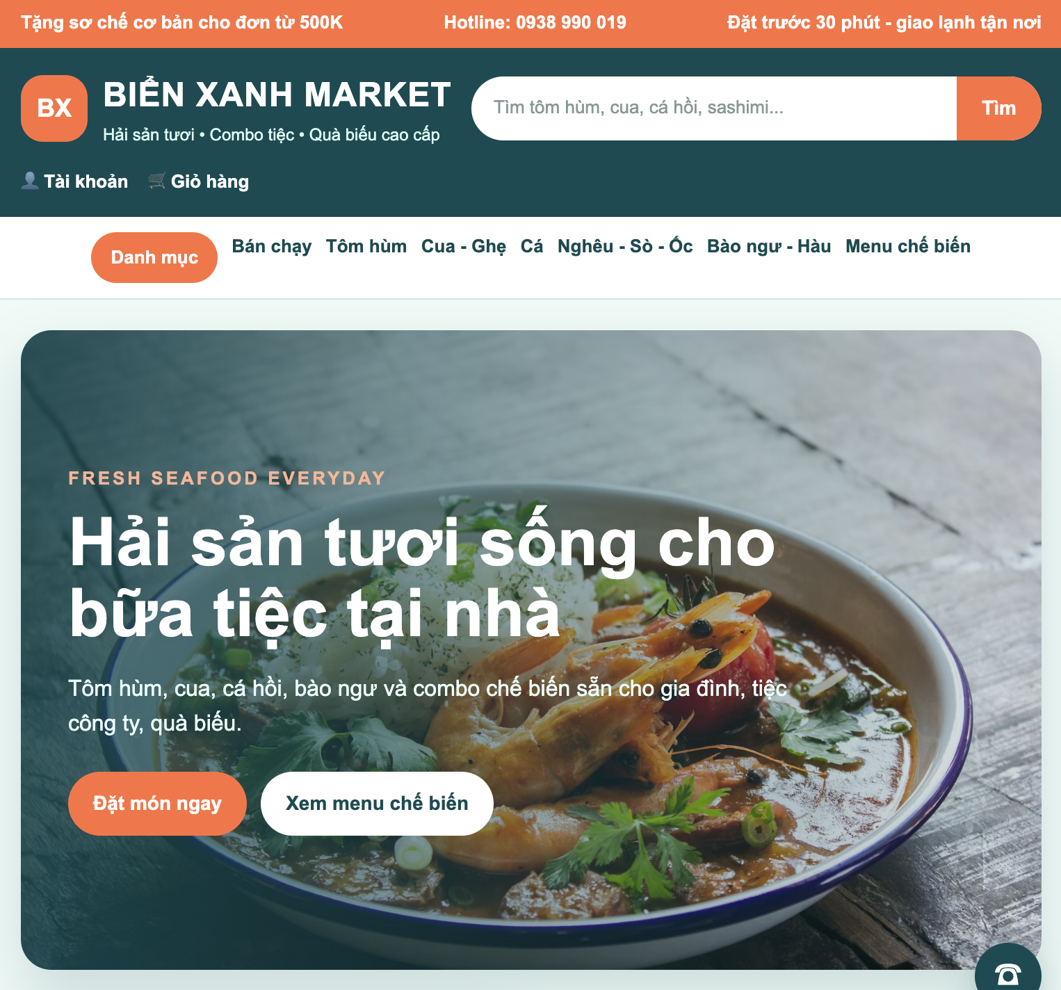 Demo Website Hải Sản BIỂN XANH MARKET