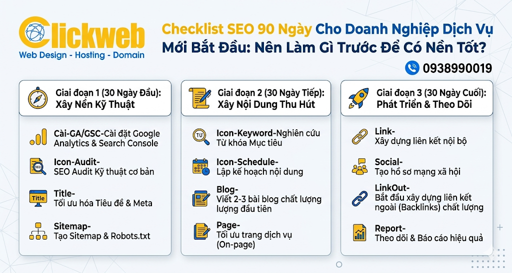 Checklist SEO 90 Ngày Cho Doanh Nghiệp Dịch Vụ Mới Bắt Đầu: Nên Làm Gì Trước Để Có Nền Tốt?