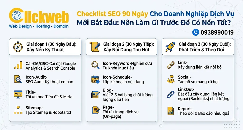 Checklist SEO 90 Ngày Cho Doanh Nghiệp Dịch Vụ Mới Bắt Đầu: Nên Làm Gì Trước Để Có Nền Tốt?